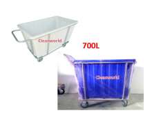รถเข็นผ้าสแตนเลสเกรด304ขนาด 600Lถังเกรดบี  รุ่นCW-023-600-1-2 เกรดบี  มีด้าม ถังมีสีขาว สีน้ำเงิน มีสินค้า