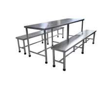 ชุดโต๊ะสแตนเลสพับได้ พร้อมเก้าอี้พับได้ เกรด304  ขนาดโต๊ะ กว้าง 70 ยาว 150 สูง 75 ซม  ขนาดเก้าอี้ กว้าง 30 ยาว 150 สูง 45 ซม.