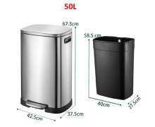 ถังขยะสแตนเลสสี่เหลี่ยม 50 ลิตร ขนาด 37.5*42.5*สูง 67.3 ซม มีถังใส่ขยะด้านในเป็นพลาสติกสีดำ ฝา ซอฟ โค้ช soft close สแตนเลส เกรด 410  0