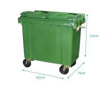 ถังขยะพลาสติก 660 ลิตร มีสีเขียว สีฟ้า สีแดง สีเหลือง สีดำ ขนาด 1410*765*1240 มม. สต็อคมีทุกสี อย่างละ 27 ใบ 