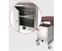 โต๊ะรูมเซอร์วิสพร้อมตู้อุ่นมีระบบไฟฟ้า ขนาดกางใช้งาน Φ910*810 mm ขนาดพับเก็บ 520*810 mm. คันเล็ก พับได้2ข้างเก็บซ้อนคันไม่ได้ รุ่น CW-065-22-1 Room service trolley warmer