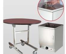 โต๊ะรูมเซอร์วิสพร้อมตู้อุ่นมีระบบไฟฟ้า ขนาดกางใช้งาน Φ910*810 mm ขนาดพับเก็บ 520*810 mm. คันเล็ก พับได้2ข้างเก็บซ้อนคันไม่ได้ รุ่น CW-065-22-1 Room service trolley warmer